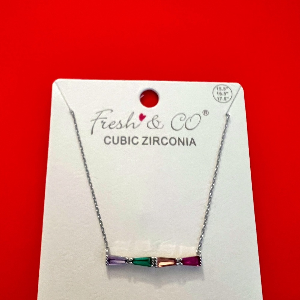 NECKLACE 4 MULTICOLORED STONES WHITE GOLD DIPPED CUBIC ZIRCONIA ADJUSTABLE CHAIN